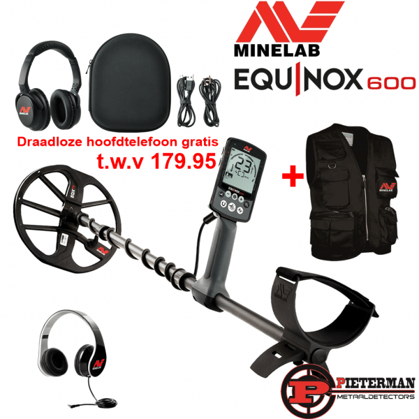 Minelab Equinox 600 Multi frequentie metaaldetector met tijdelijk gratis draadloze hoofdtelefoon en vondstenvest.
