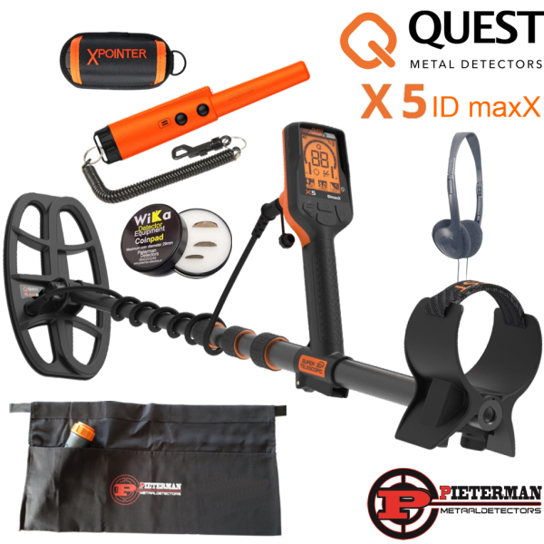 Quest X5 ID maxX metaaldetecor met gratis pinpointer, coinpad, vondtsentas en hoofdtelefoon