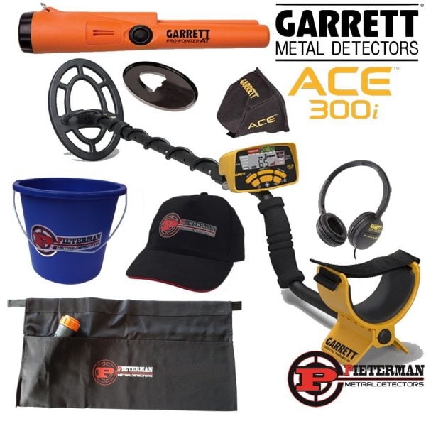 Garrett Ace 300i met Garrett AT pinpointer, Pieterman cap , vondstentas en vondstenafvalemmer gratis.