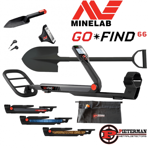 Minelab Go Find 66 pakket met gratis, smartphone houder, oordopjes, kunststof schep en design sticker set.