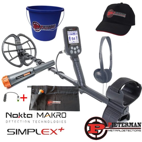 Nokta/Makro Simplex met gratis nokta waterdichte pinpointer, hoofdtelefoon, Pieterman cap, afvalvondstenemmer en vondstentas gratis.