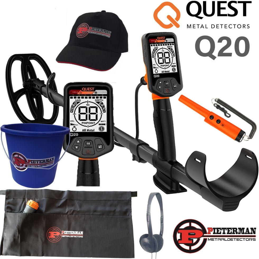 Quest Q20 Mega actie, gratis pinpointer met holster, pieterman vondstentas, vondstenafvalemmer en cap gratis.