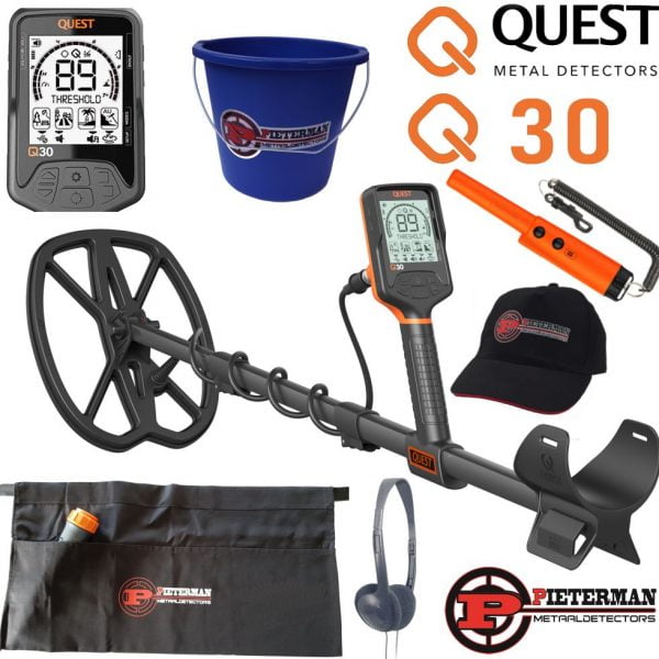 Quest Q30+ met draadloze hoofdtelefoon en gratis pinpointer, pieterman vondstentas, vondstenafvalemmer en cap gratis.