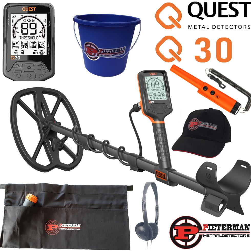 Quest Q30 met pieterman nu tijdelijk gratis pinpointer, vondstentas, vondstenafvalemmer en cap gratis.