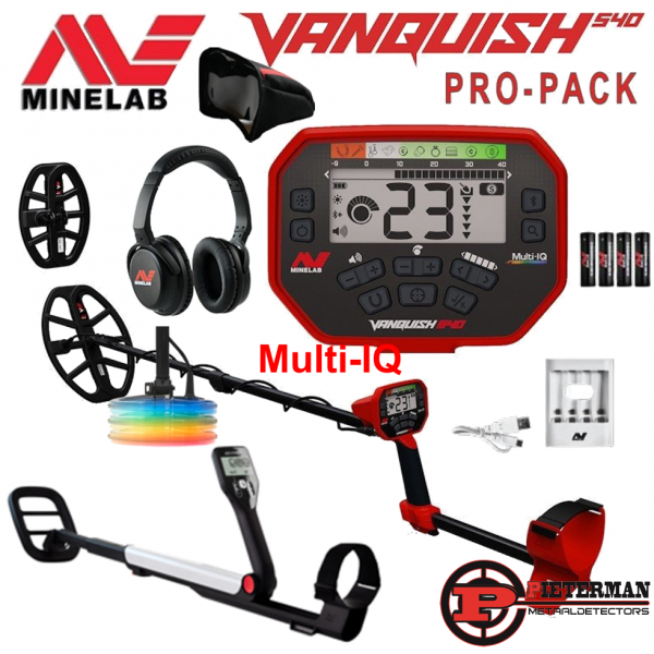 Minelab Vanquish 540 Multi-IQ Pro-Pack actie met gratis Go-find 11 detector extra 8×5 inch schotel, draadloze hoofdtelefoon, accu met lader en regenhoes.