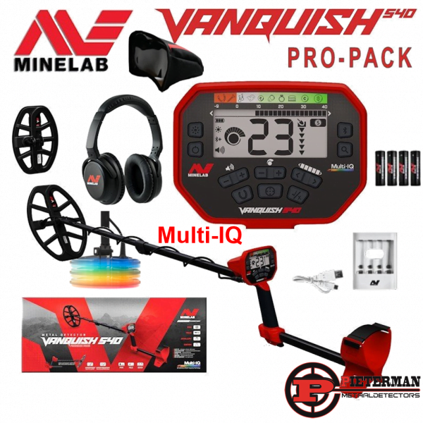 Minelab Vanquish 540 Multi-IQ Pro-Pack actie met gratis extra 8×5 inch schotel, draadloze hoofdtelefoon, accu met lader en regenhoes.