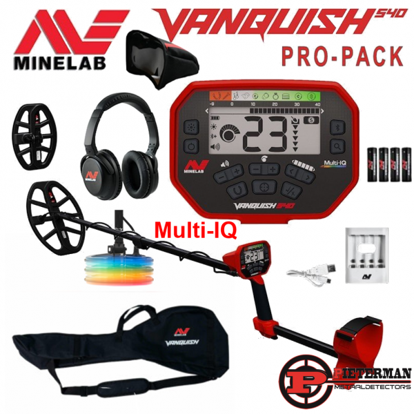 Minelab Vanquish 540 Multi-IQ Pro-Pack nu met gratis, extra 8×5 inch schotel, draadloze hoofdtelefoon, vanquish detectortas, accu met lader en regenhoes.