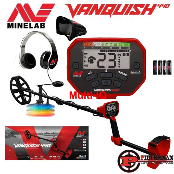 Minelab Vanquish 440 Multi-IQ, met hoofdtelefoon regenhoes, en batterijen