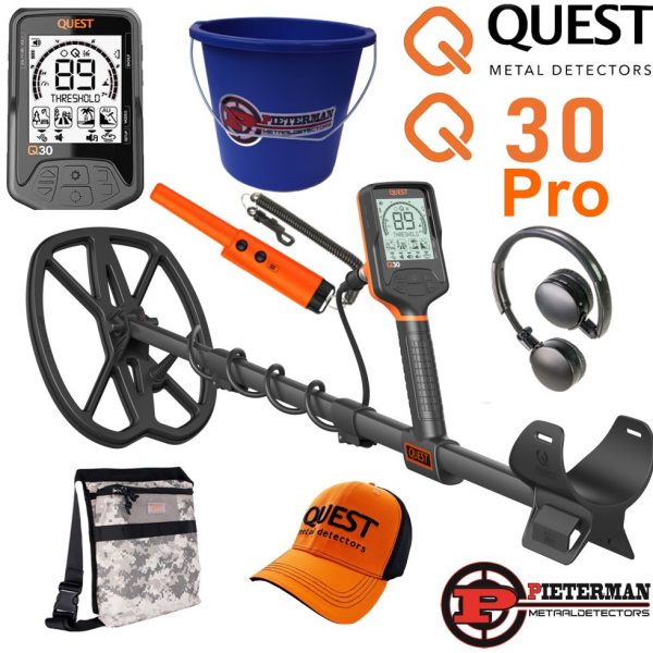 Quest Q30 Pro met draadloze hoofdtelefoon en gratis pinpointer, quest vondstentas, vondstenafvalemmer en  quest cap gratis.