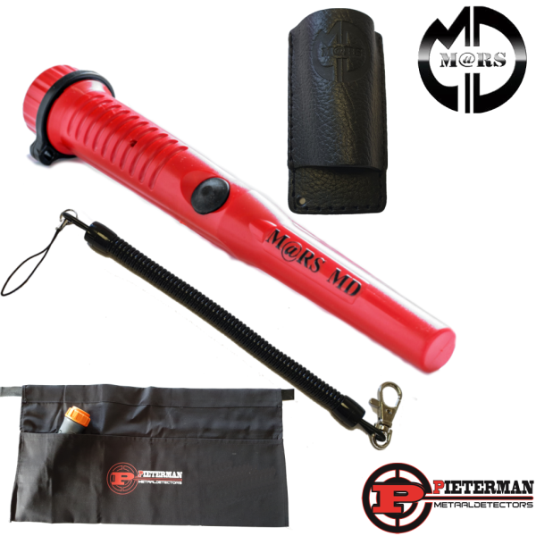 Super actie Mars MD Pinpointer rood met lederen holster en anti verlieskoord.