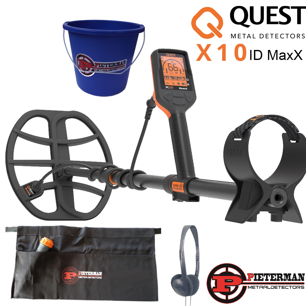 De Quest X10 IDMaxX waterdichte metaaldetector met gratis hoofdtelefoon, pieterman vondstentas, vondstenafvalemmer en cap gratis.