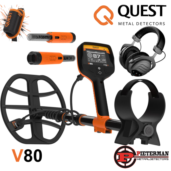 Quest V80 metaaldetector met gratis draadloze hoofdtelefoon en x-pointer max magic holster.