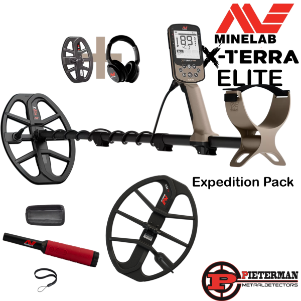 Minelab X-terra elite expedition pack mega actie met gratis pro-find 40 pinpointer of 15inch schotel extra.